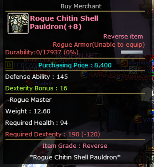 ROGUE CHİTİN SHELL GÖGÜSLÜK REB +8 ( 16 DEX 145 DEF + AMPUL ...