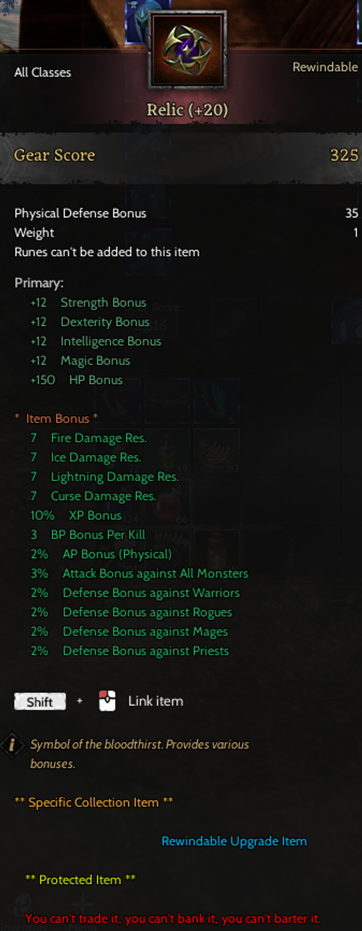 relic 20 + REB 5  GM 1 full skill char + ancient elven belt