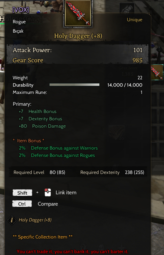 +8 HOLY DAGGER - TOPLAYICILIKLI- +5 RELİC ROGUE
