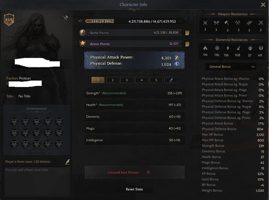 85/5 PROTEAN WARRIOR +20 RELIC 630k BP TUM SKILLER ACIK