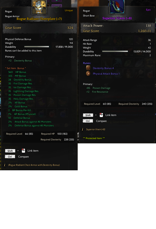 Rogue Radiant Set +7 / Superior Vixen +8 Ps1/ Dex 4