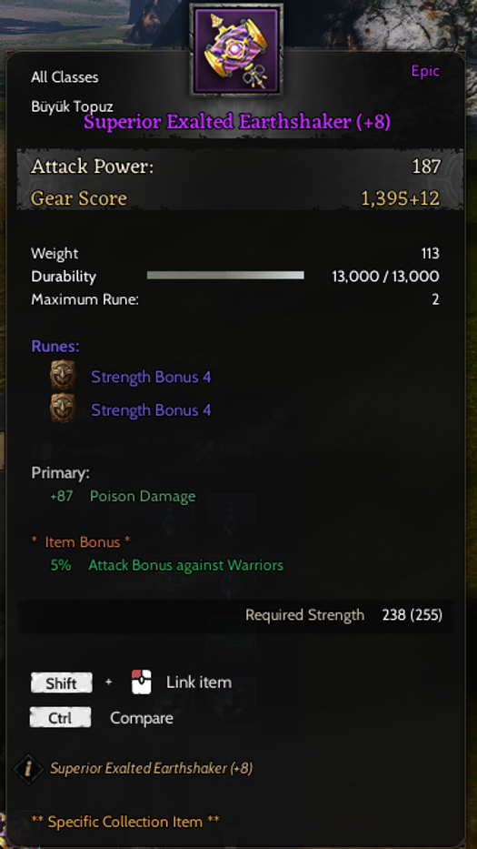 Superior Exalted Earthshaker +8  ÇİFT "STR 4" Rünlü